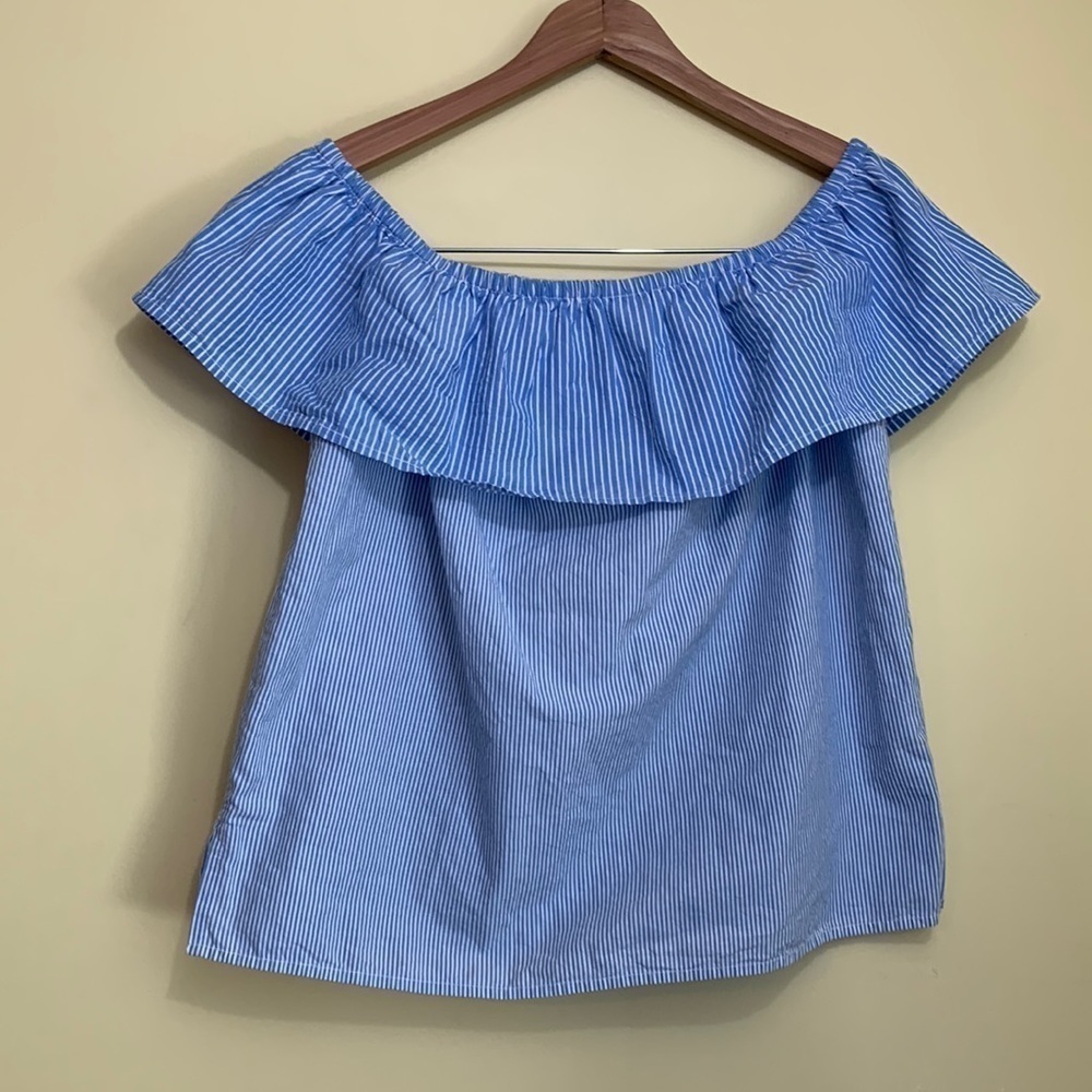 Lucky NWT Blue White Striped Ruffle Off Shoulder 100% Cotton Flounce Boxy Top S